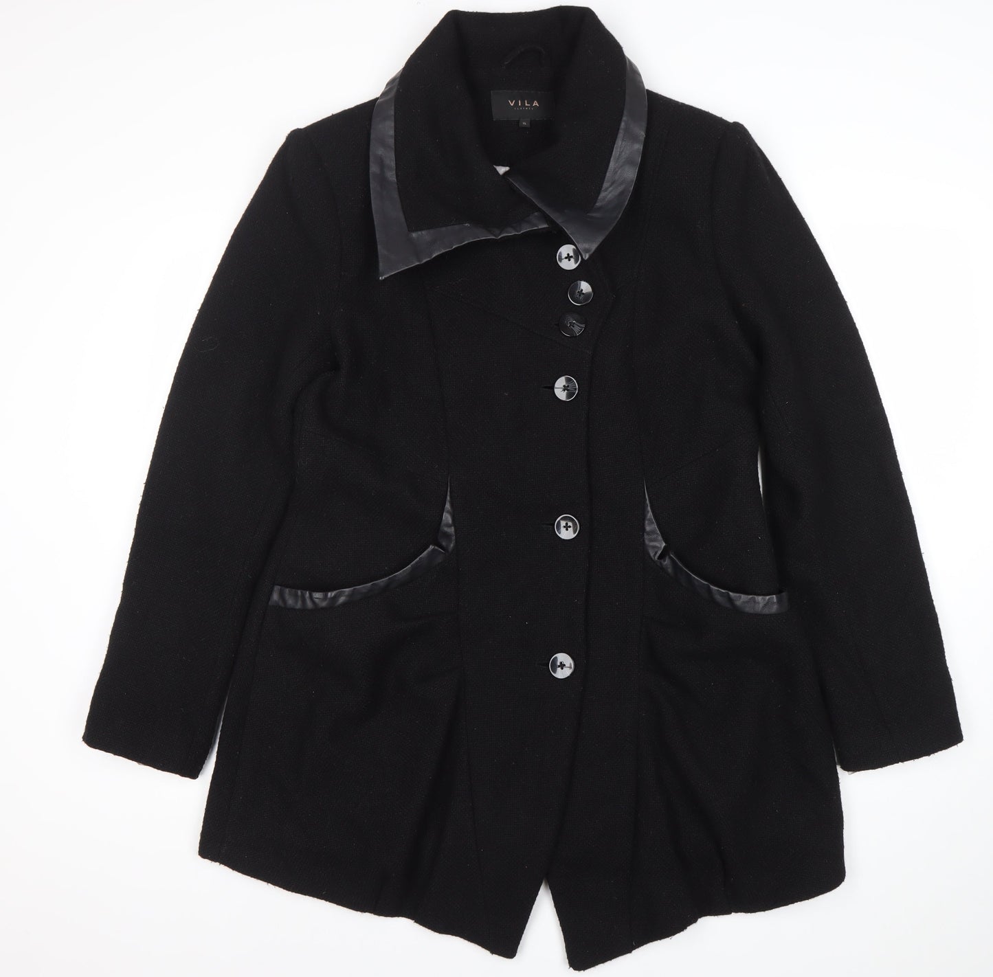 Vila Women’s Black Wool Blend Mid-Length Coat XL Button Classic Style