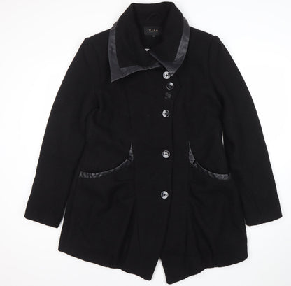 Vila Women’s Black Wool Blend Mid-Length Coat XL Button Classic Style