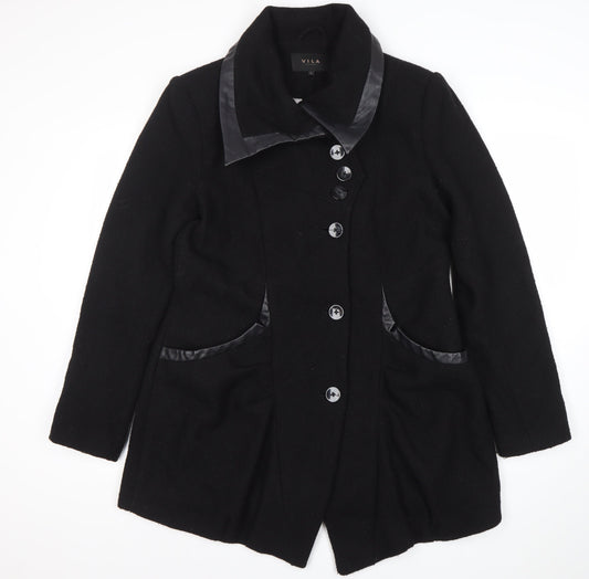 Vila Women’s Black Wool Blend Mid-Length Coat XL Button Classic Style