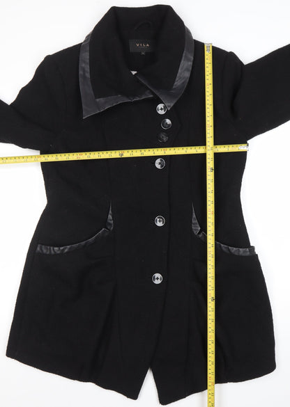Vila Women’s Black Wool Blend Mid-Length Coat XL Button Classic Style