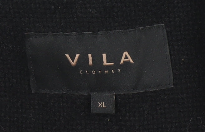 Vila Women’s Black Wool Blend Mid-Length Coat XL Button Classic Style