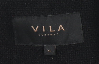 Vila Women’s Black Wool Blend Mid-Length Coat XL Button Classic Style