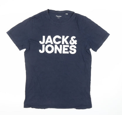Jack & Jones Men’s Blue Graphic Logo Cotton Crew Neck T-Shirt Size M