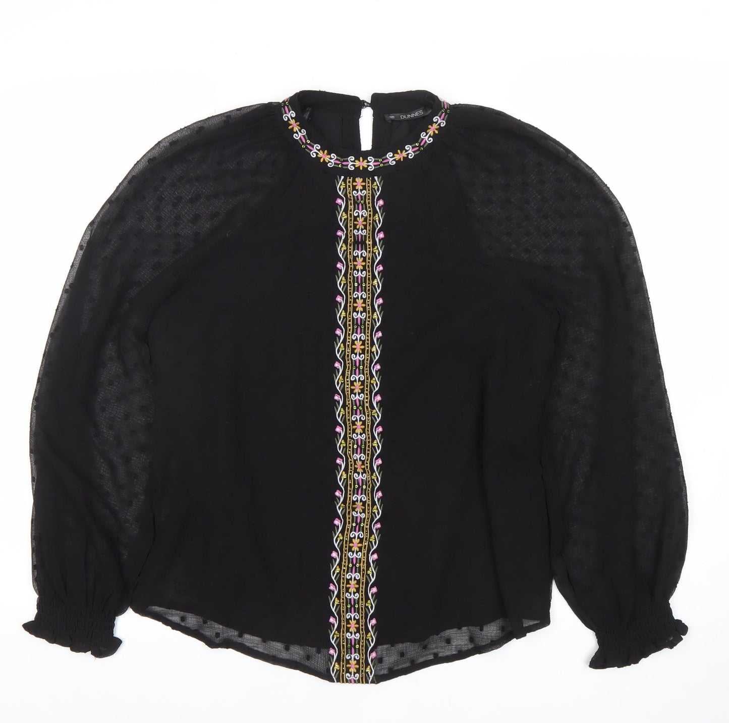 Dunnes Womens Black Embroidered Chiffon Bohemian Blouse M