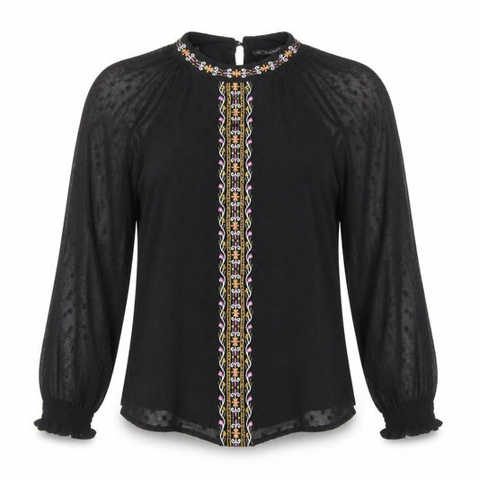 Dunnes Womens Black Embroidered Chiffon Bohemian Blouse M