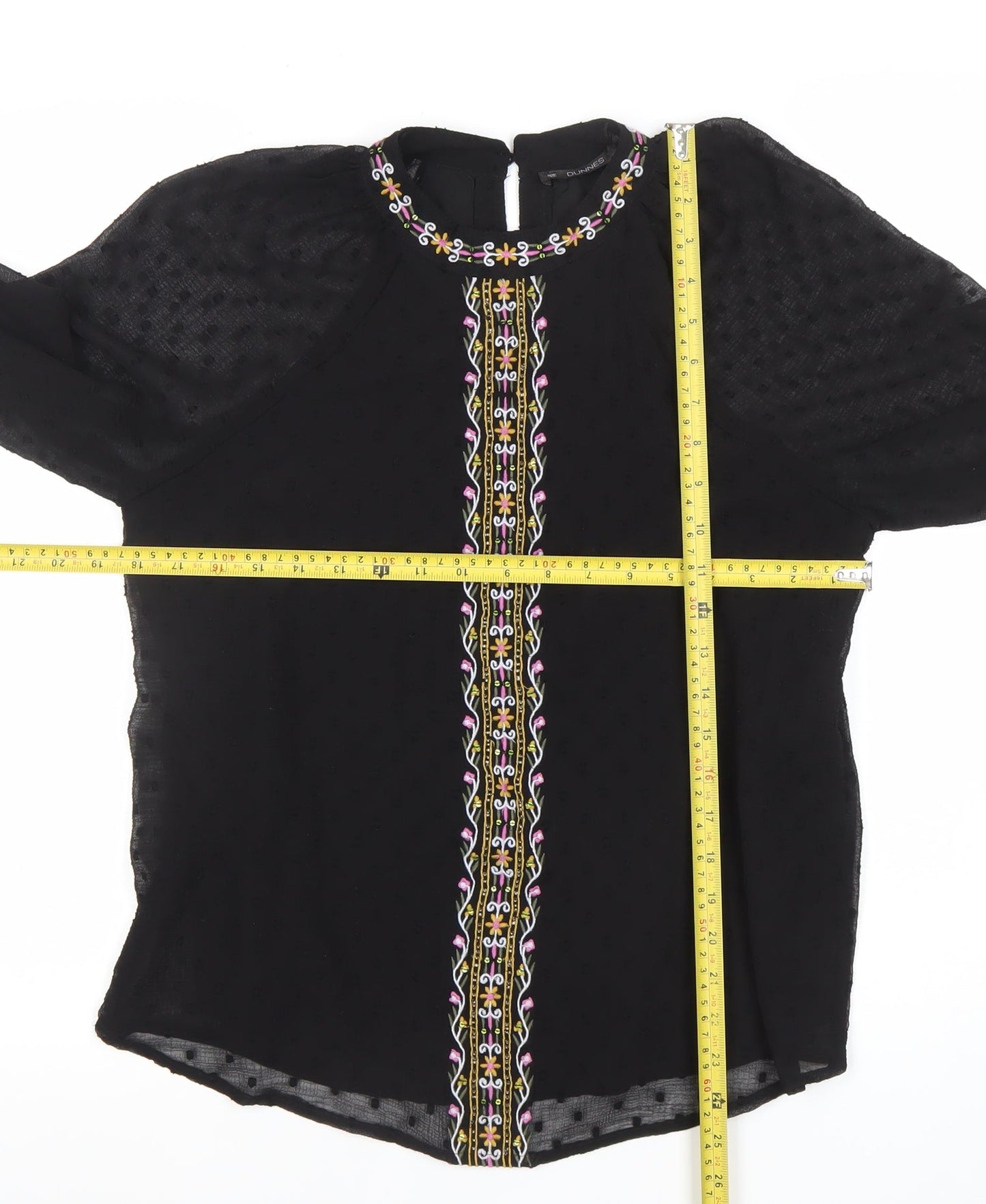 Dunnes Womens Black Embroidered Chiffon Bohemian Blouse M