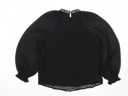 Dunnes Womens Black Embroidered Chiffon Bohemian Blouse M