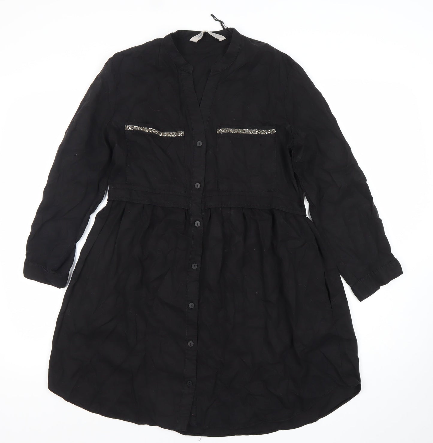 Zara Women Black Lyocell Long Sleeve Shirt Dress XS