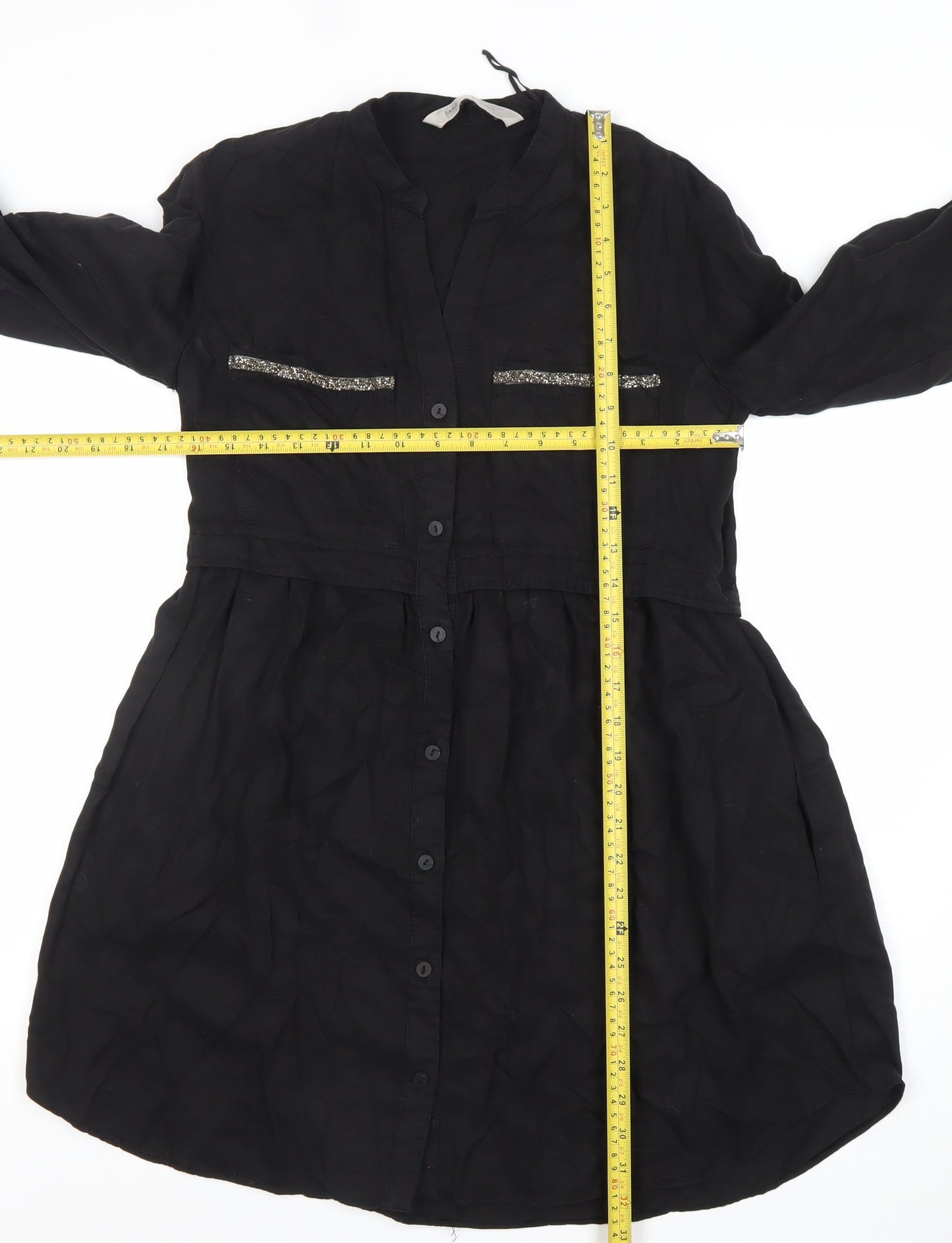 Zara Women Black Lyocell Long Sleeve Shirt Dress XS