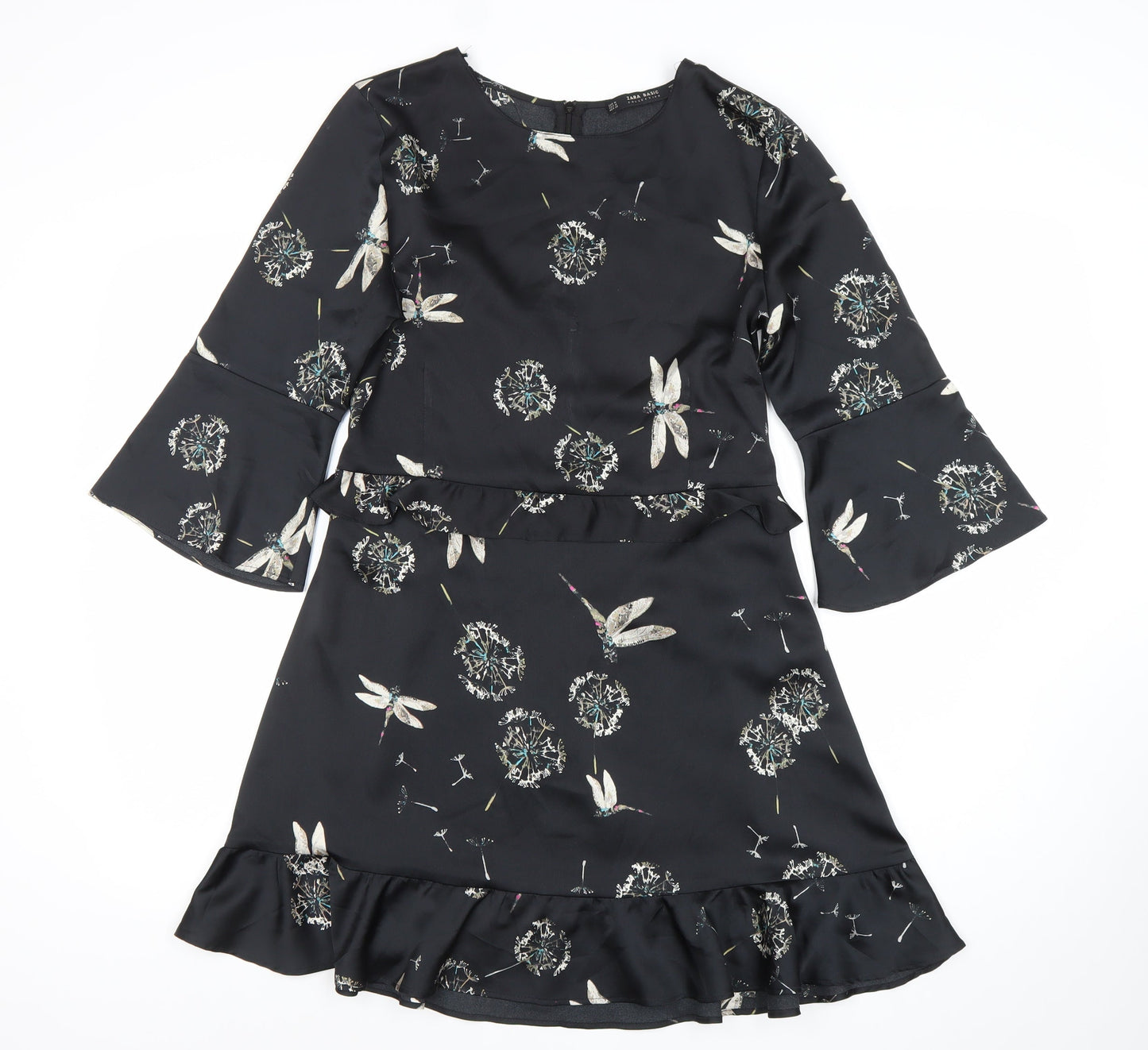 Zara Women Black Floral Ruffle Shift Dress Size 12