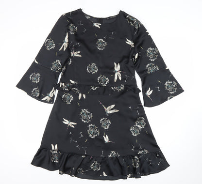 Zara Women Black Floral Ruffle Shift Dress Size 12