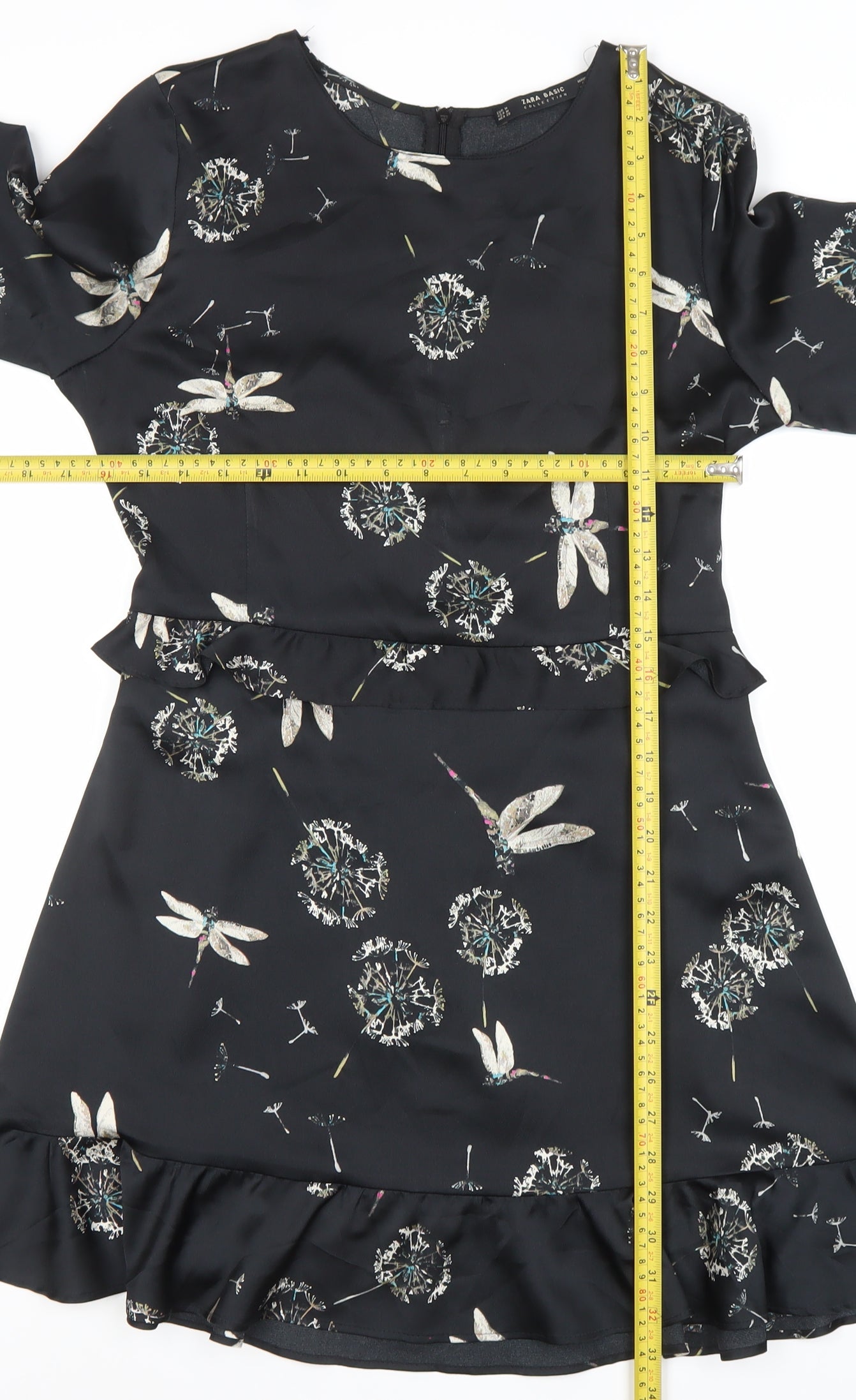 Zara Women Black Floral Ruffle Shift Dress Size 12
