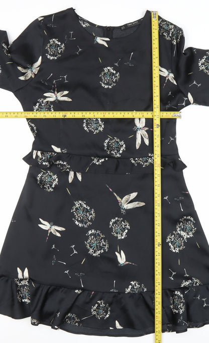 Zara Women Black Floral Ruffle Shift Dress Size 12