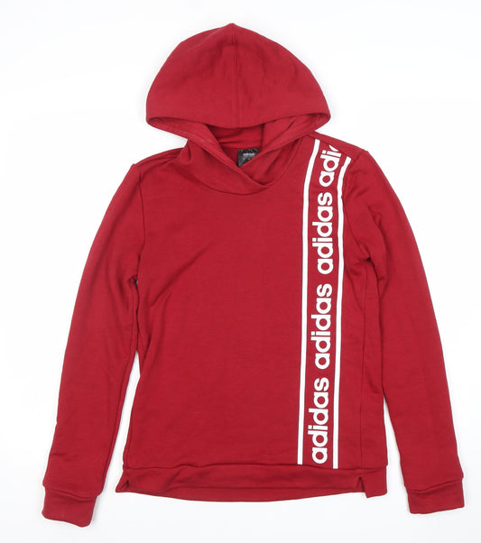 Adidas Women Red Pullover Hoodie Small Logo Print Cotton Blend