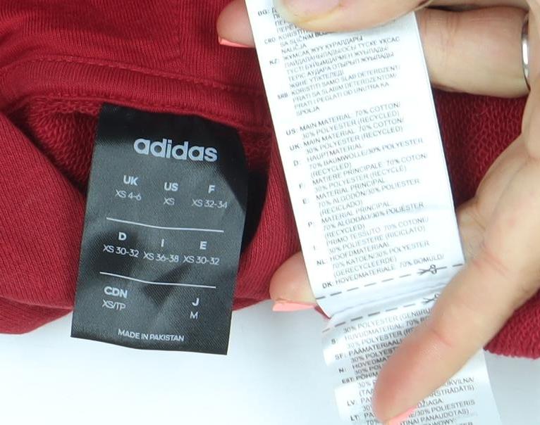 Adidas Women Red Pullover Hoodie Small Logo Print Cotton Blend