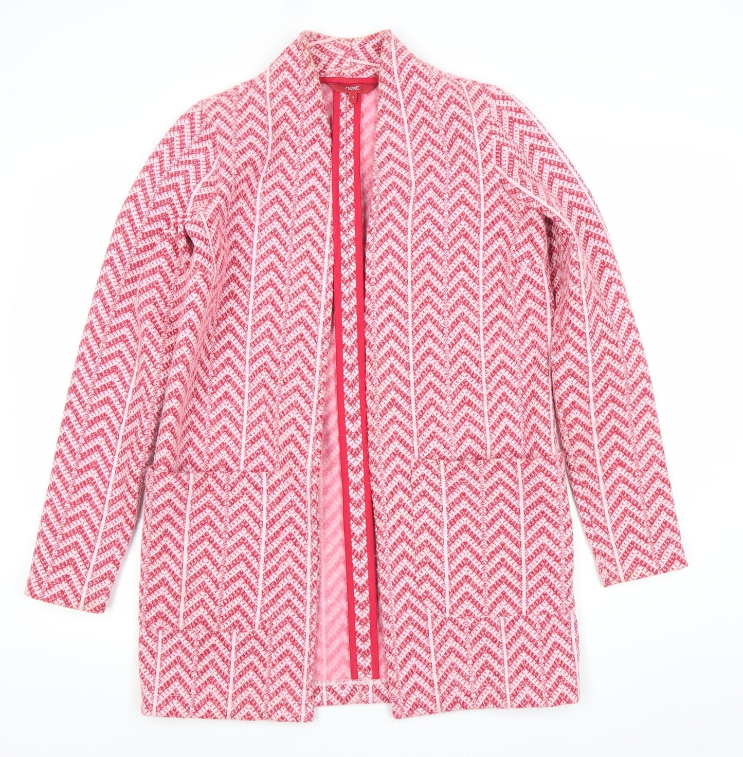 Next Women’s Pink Herringbone Coatigan Size 8 Mid-Length Open Front