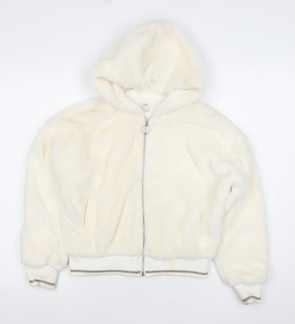 River Island Girls Ivory Faux Fur Hooded Bomber Jacket 11-12 Years