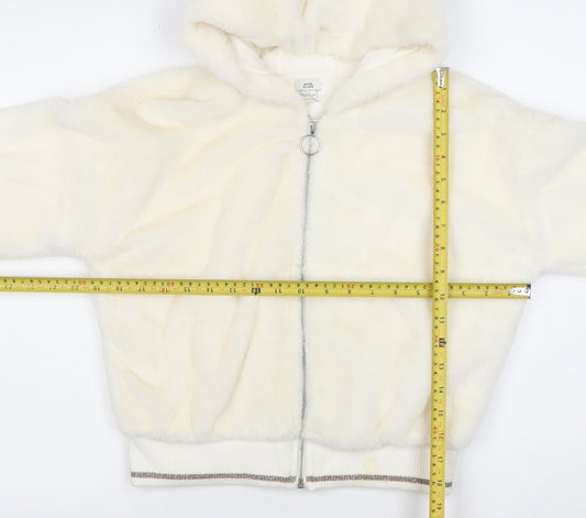 River Island Girls Ivory Faux Fur Hooded Bomber Jacket 11-12 Years