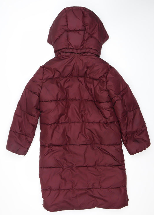 H&M Girls Red Hooded Puffer Coat 10 Years Long Quilted Winter Jacket