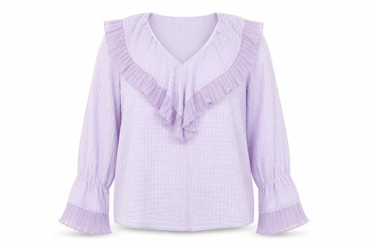 Front view of Gallery Women’s Purple Ruffle Long Sleeve Blouse, size UK 12