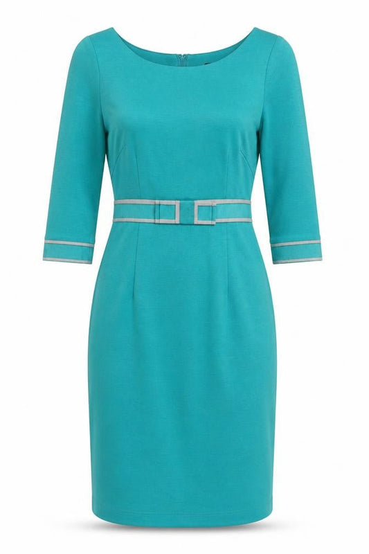 Fever Women Blue Sheath Knee Length Dress Size 8 3/4 Sleeve Belted