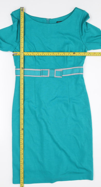 Fever Women Blue Sheath Knee Length Dress Size 8 3/4 Sleeve Belted