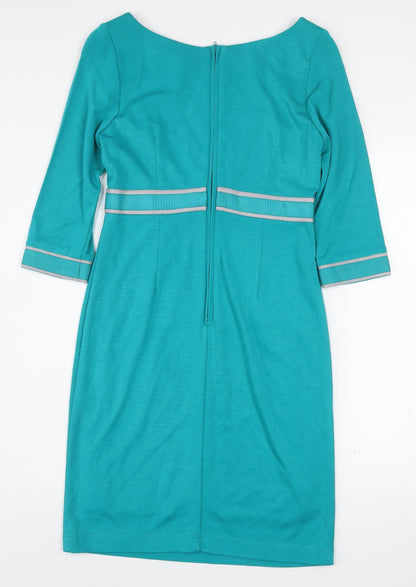 Fever Women Blue Sheath Knee Length Dress Size 8 3/4 Sleeve Belted