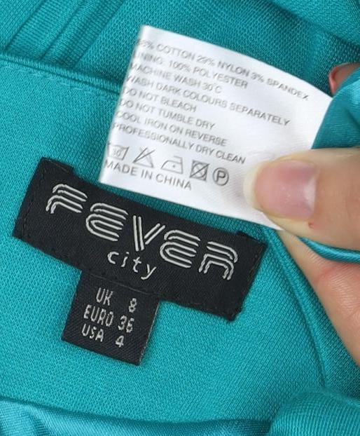 Fever Women Blue Sheath Knee Length Dress Size 8 3/4 Sleeve Belted