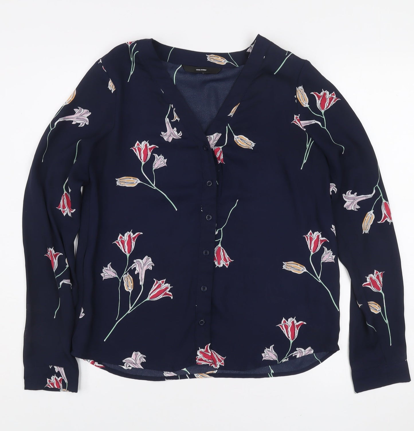 Vero Moda Women's Blue Floral Long Sleeve V-Neck Blouse XS