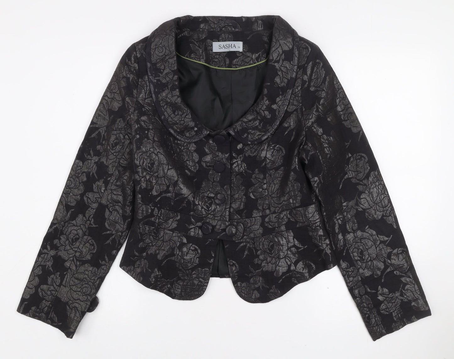 Sasha Women’s Black Floral Jacquard Shawl Collar Blazer Size 10