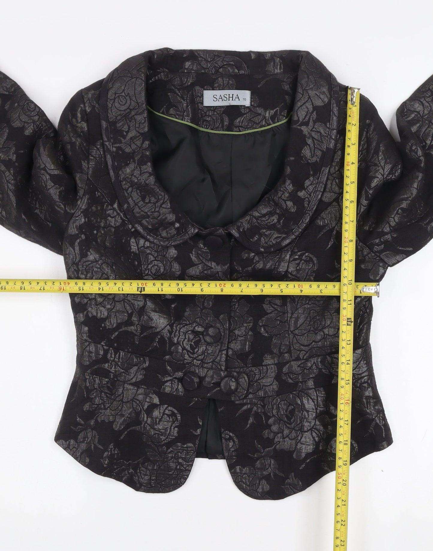Sasha Women’s Black Floral Jacquard Shawl Collar Blazer Size 10