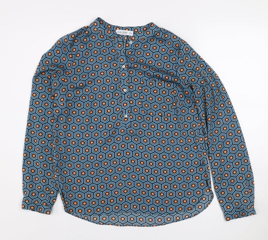 Additional front view of Gallery Women's Blue Geometric Long Sleeve Henley Blouse, size 8
