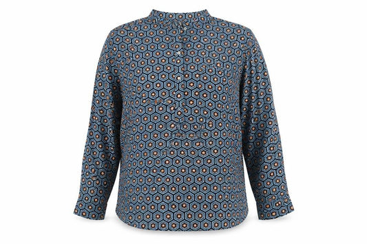 Front view of Gallery Women's Blue Geometric Long Sleeve Henley Blouse, size 8