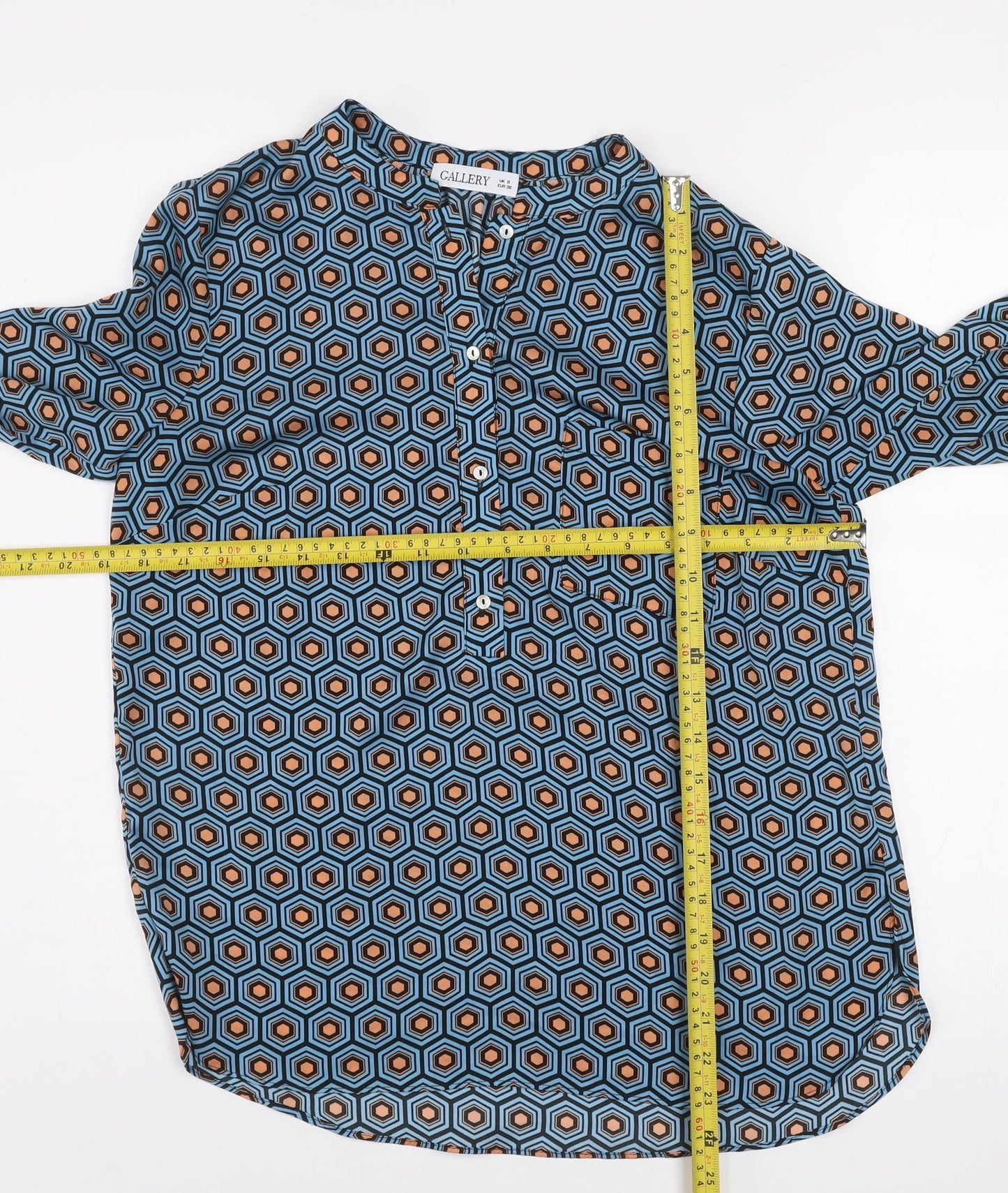 Gallery Women's Blue Geometric Long Sleeve Henley Blouse Size 8