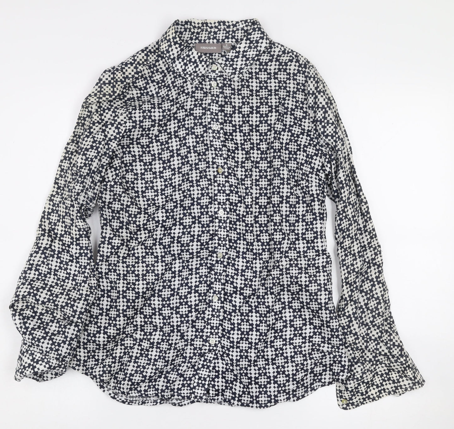 Sussan Women's Blue Geometric Linen Button-Up Shirt Size 8