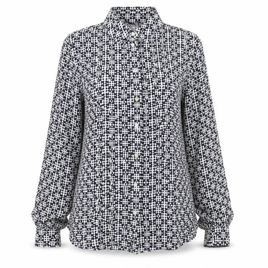 Sussan Women's Blue Geometric Linen Button-Up Shirt Size 8