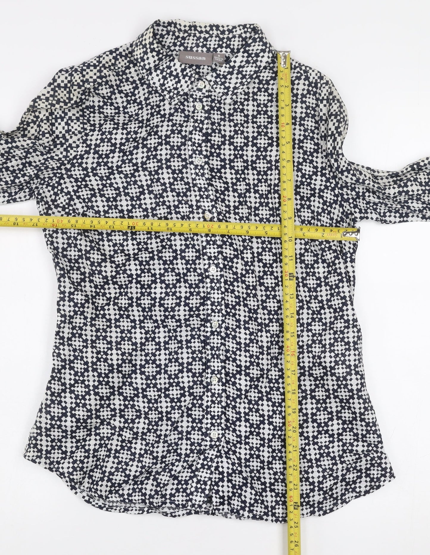 Sussan Women's Blue Geometric Linen Button-Up Shirt Size 8