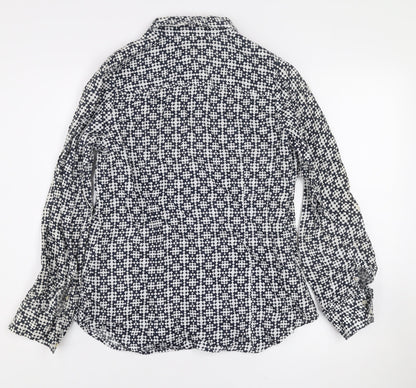 Sussan Women's Blue Geometric Linen Button-Up Shirt Size 8
