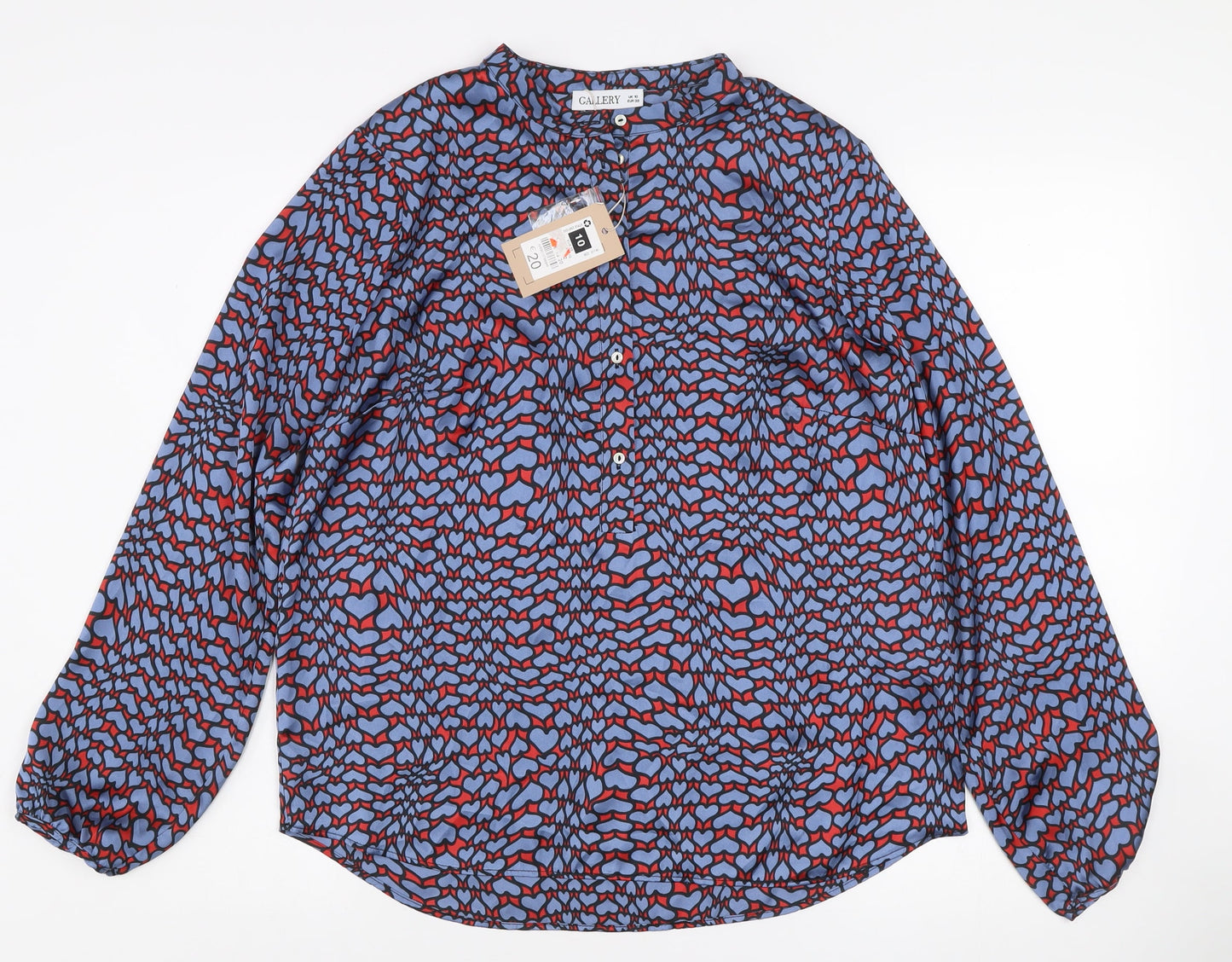 Gallery Womens Blue Heart Print Long Sleeve Button Blouse Size 10