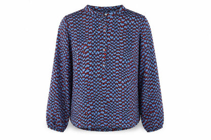 Front view of Gallery women’s blue heart print long sleeve button blouse, size UK 10