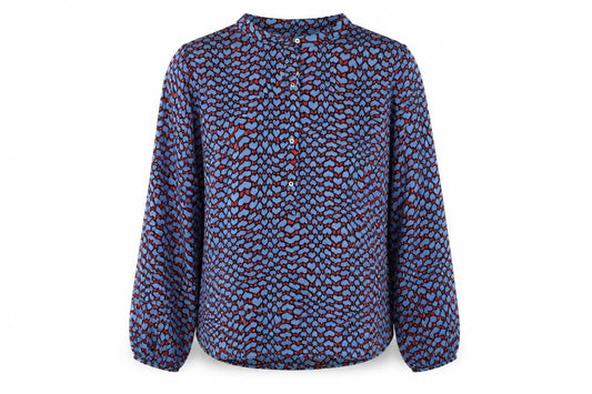 Front view of Gallery women’s blue heart print long sleeve button blouse, size UK 10