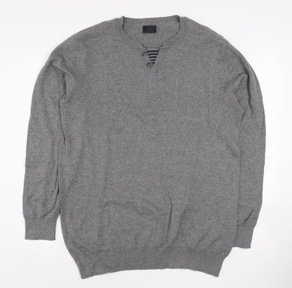 Jack & Jones Mens Grey XL Henley Cotton Knit Jumper