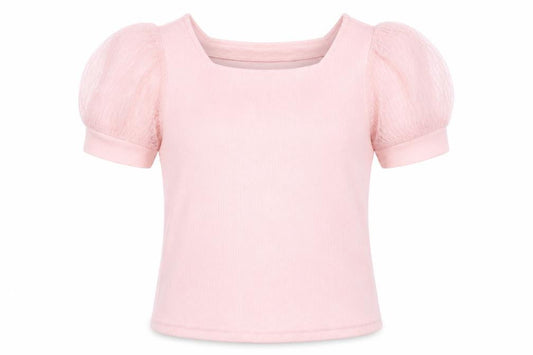 Front view of Btween Teens Pink Puff Sleeve Knit T-Shirt, size 10