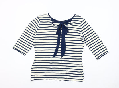 Fever London Women Blue White Striped 3/4 Sleeve Bow Top Size 14