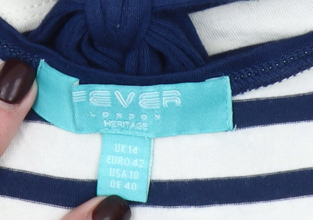 Fever London Women Blue White Striped 3/4 Sleeve Bow Top Size 14