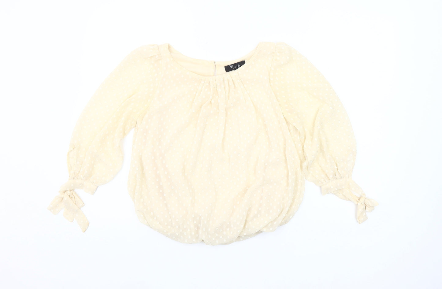 Cutie Women’s Beige Polka Dot Sheer Blouse Size 8 Puff Sleeve Peasant Top