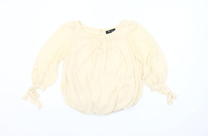 Cutie Women’s Beige Polka Dot Sheer Blouse Size 8 Puff Sleeve Peasant Top