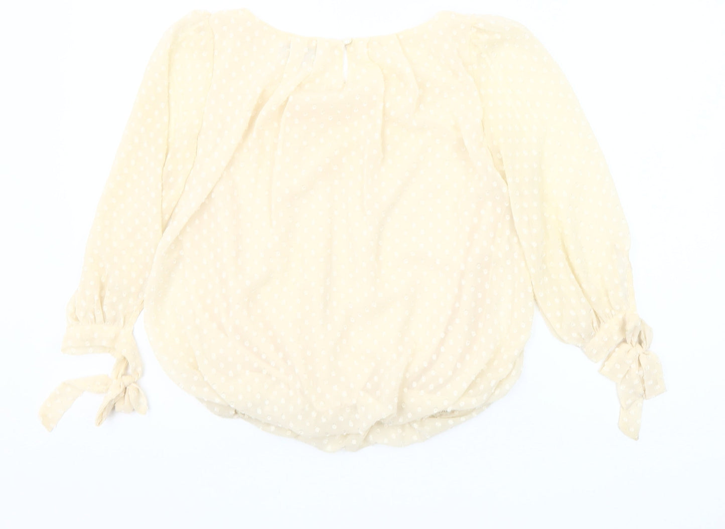 Cutie Women’s Beige Polka Dot Sheer Blouse Size 8 Puff Sleeve Peasant Top