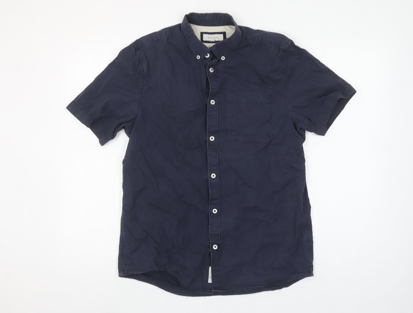 River Island Men's Blue Short Sleeve Button-Down Cotton Shirt Size S