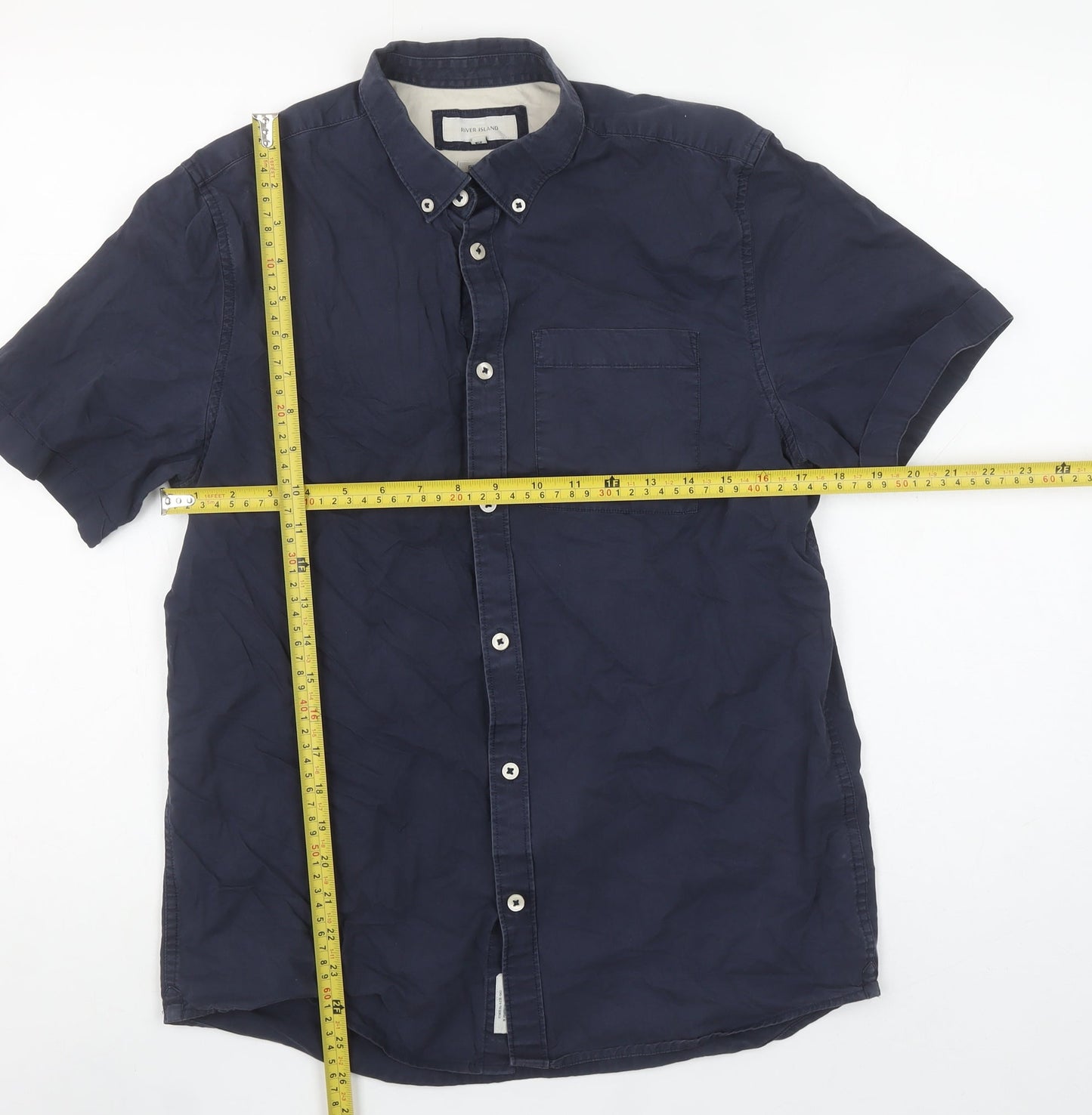 River Island Men's Blue Short Sleeve Button-Down Cotton Shirt Size S